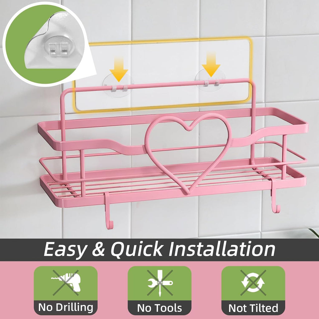 Skiennix Pink Shower Caddy - 4 Removable Hooks & No-Drill Adhesive Organizer | 2-Pack Shelves for Bathroom & Kitchen