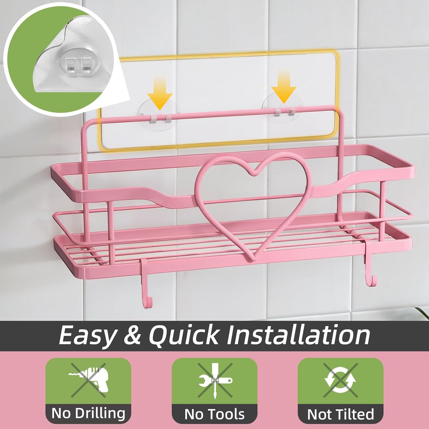 Skiennix Pink Shower Caddy - 4 Removable Hooks & No-Drill Adhesive Organizer | 2-Pack Shelves for Bathroom & Kitchen