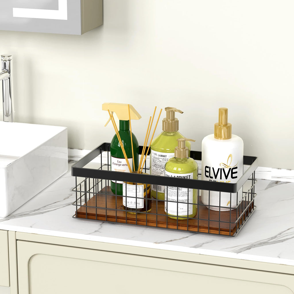 Alytree Toilet Paper Basket with Decorative Wood Base, Small Metal Wire Basket for Toilet Paper, Cosmetic & Spices, Wall Mount Storage Basket for Bathroom, Kitchen