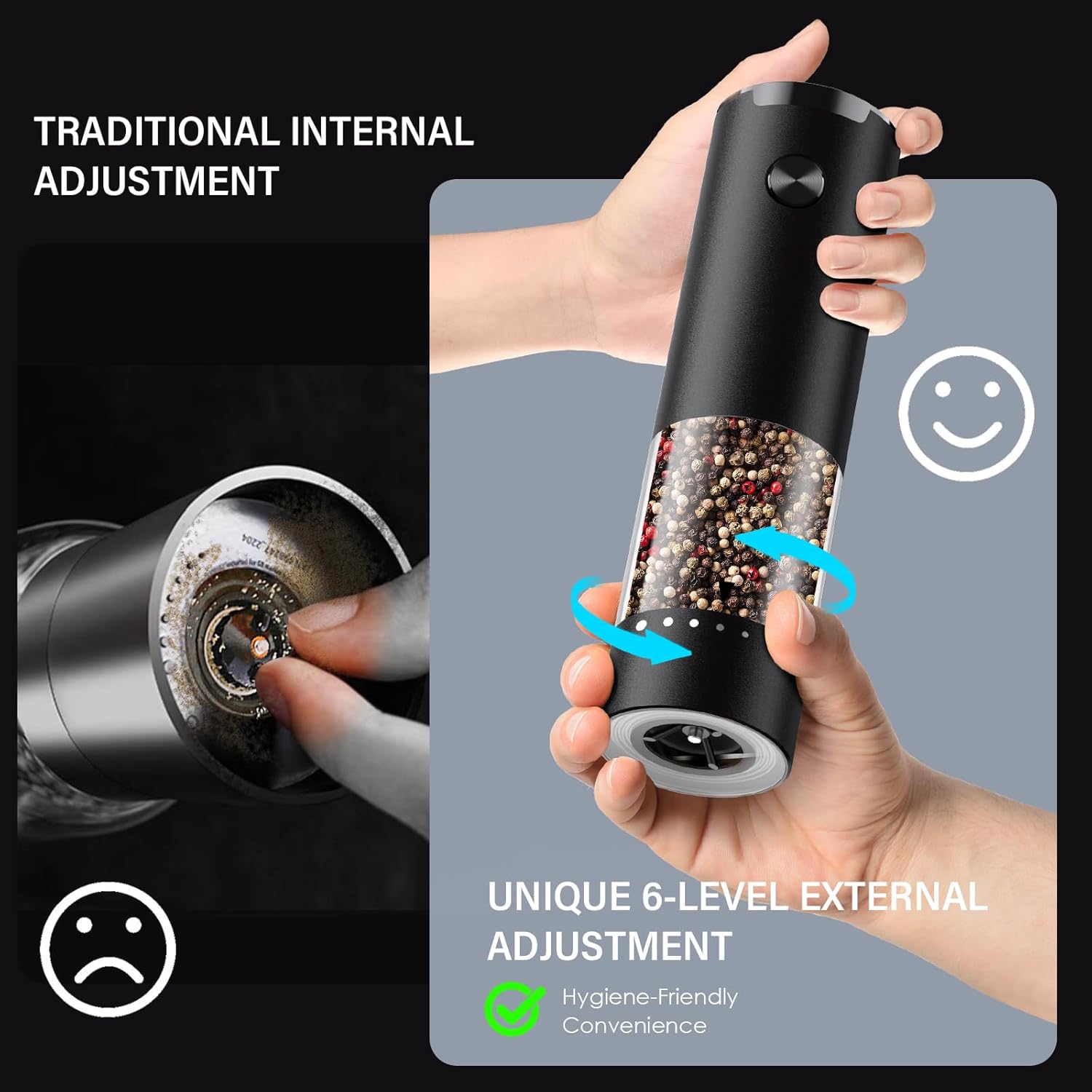 Skiennix Electric Salt and Pepper Grinder Set - Automatic Shakers with 6-Level Coarseness | Battery Operated, Black