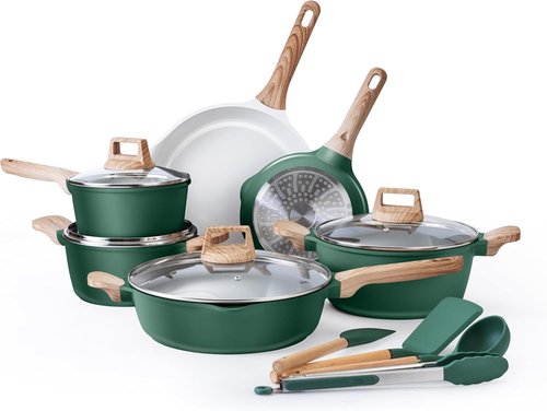 Country Kitchen Nonstick Pots and Pans Set - 14-Piece Cast Aluminum Cookware Set in Sage with Utensils