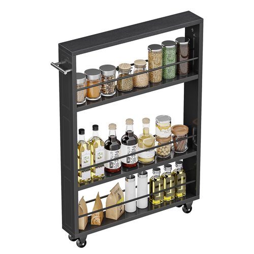 KLM Rolling Storage Cart 4-Tier Black Kitchen Cart with Wheels, Slim Storage Cart with Handle Slide Out Utility Cart Shelving Unit Organizer Trolley for Laundry Narrow Places Bathroom Small Corner