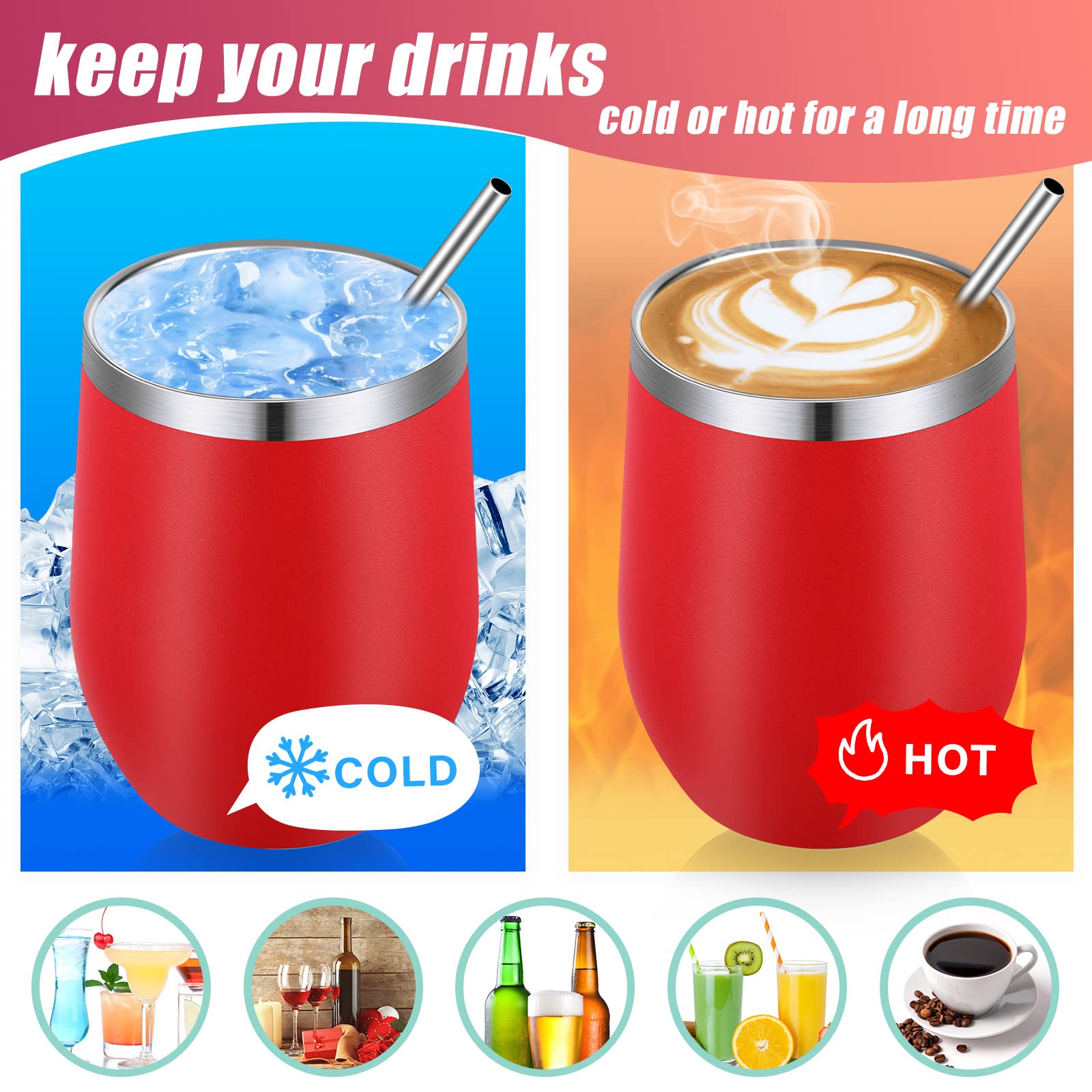 Remagr 16 Pack Stainless Steel Wine Tumblers 12 oz Insulated Vacuum Wine Cup Set Double Wall Stainless Steel Stemless Mug Glasses for Coffee Soda Whiskey Outdoor Travel (Red)