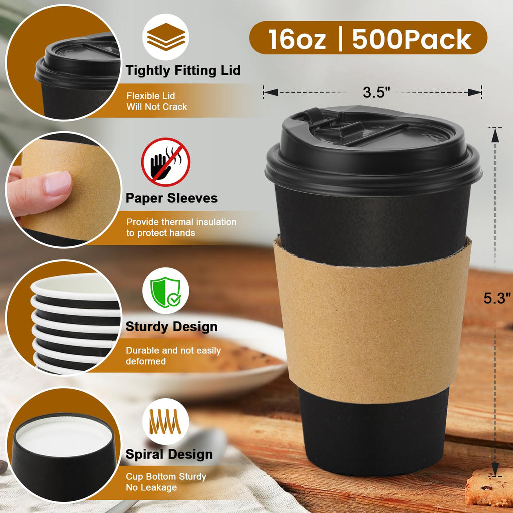 Lamosi 500 Pack 16 oz Disposable Coffee Cups with Lids and Sleeves, Black Leak-Proof To Go Coffee Cups with Lids, Hot/Cold Beverage Black Drinking Cup for Home, Office, Parties, Travel