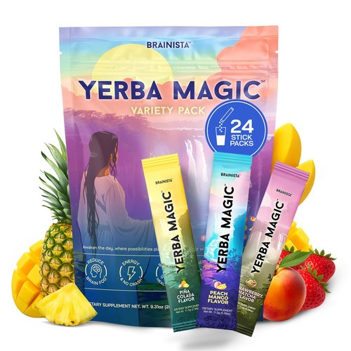 Yerba Magic Instant Yerba Mate Powder Packets – Clean Energy & Focus Drink Mix for Gut Health – Nootropic Blend with Lion’s Mane, L-Theanine, Prebiotics & Probiotics – Low Sugar Natural Caffeine – Variety Pack, 24 Sticks
