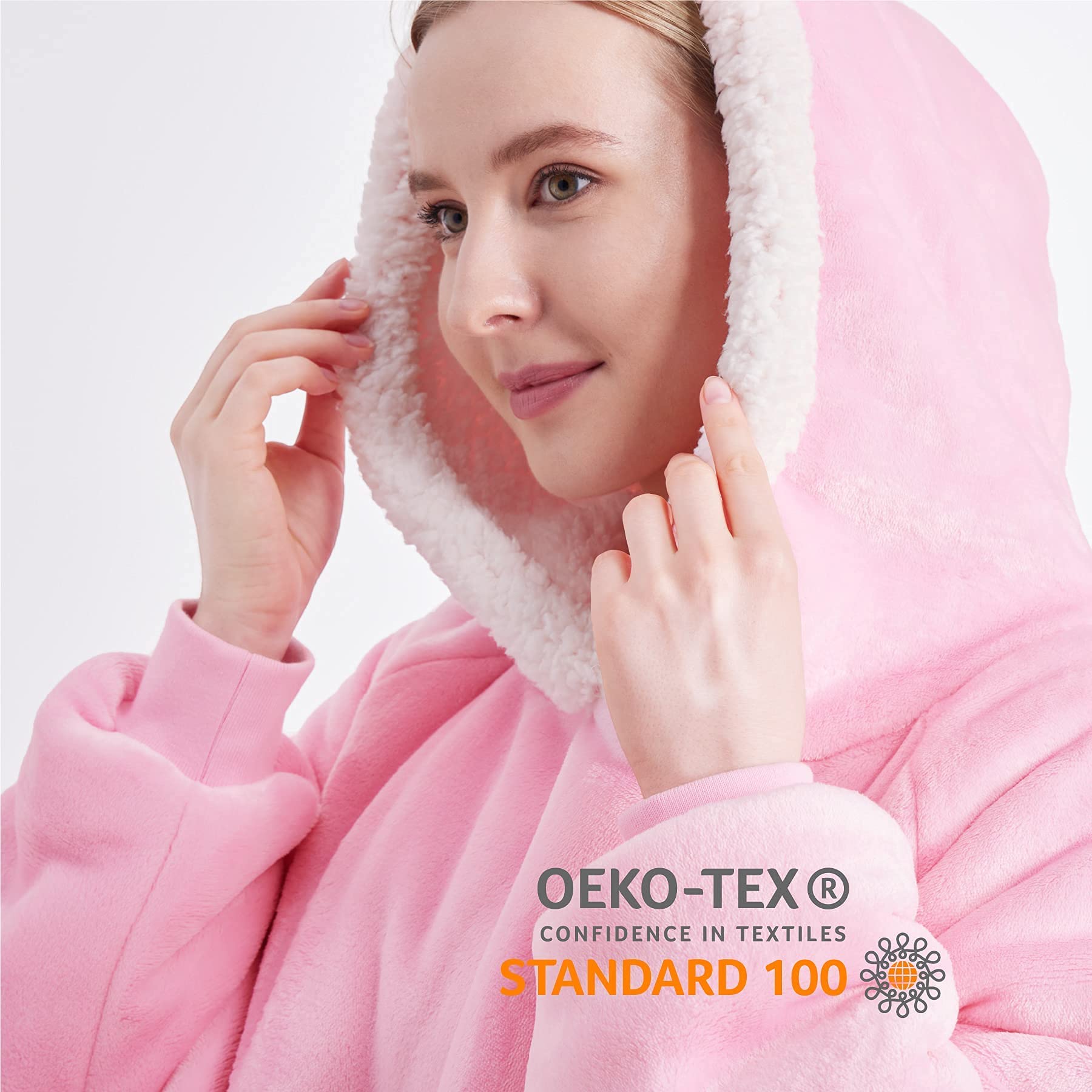 Bedsure Oversized Blanket Hoodie - Long-length Wearable Hooded Blanket Sweatshirt with Side Split, Belt and Big Hood, Giant Warm Sherpa Sweater Blanket Jacket, Pink