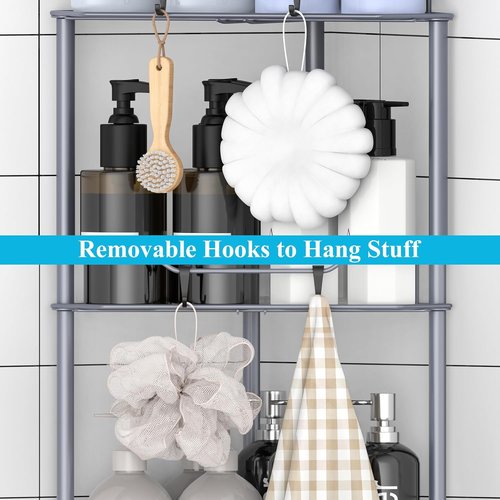 HuggieGems Corner Shower Caddy Organizer - 4 Tier Floor Standing Shelf with Hooks | Dark Gray