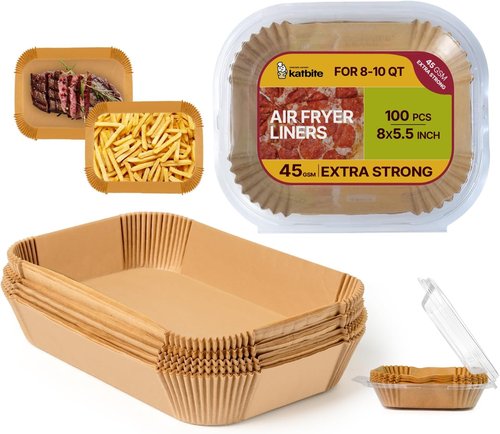 Katbite Air Fryer Liners - 100PCS Thick Disposable Parchment Paper | 8x5.5'' Rectangle for Ninja Dual Air Fryer Accessories
