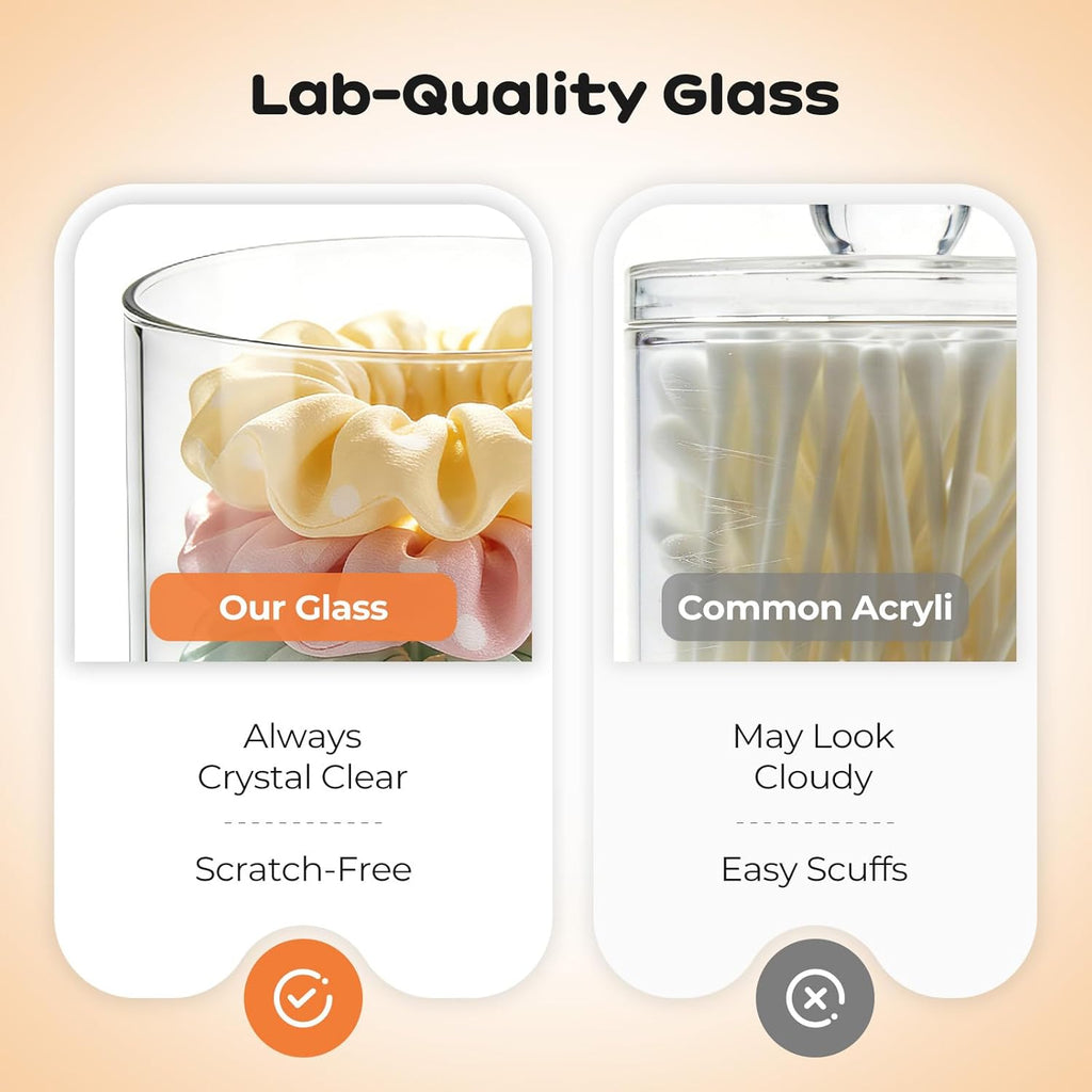 Skiennix Glass Qtip Holder Dispenser Set - 15oz & 10oz Cotton Swab Canisters with Acacia Lids | Bathroom Vanity Organizer (2 Pack)
