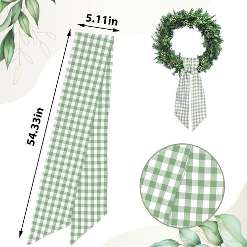 Light Green Buffalo Plaid Wreath Sash for Front Door Seersucker Wreath Satin Sash Burlap Garland Ribbon Accessories for Wreath Yard Doorway Indoor Outdoor Bridal Shower Home Decor,5.1 x 54.3