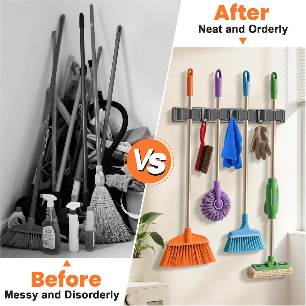 Skiennix Broom Holder Wall Mount - Organize Mops & Brooms with 4 Racks & 3 Hooks | Grey
