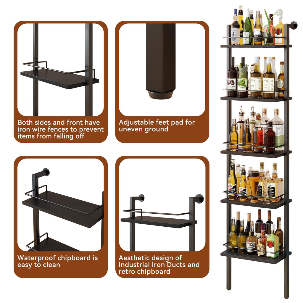 YMYNY 5-Tier Freestanding Wine Racks，Liquor Bottle Display Shelf with Fences, Wall Mounted Floating Shelf Storage Stand for Kitchen, Dining Room, 16.93" L x 7.87" W x 69.68" H Black UHWR001B