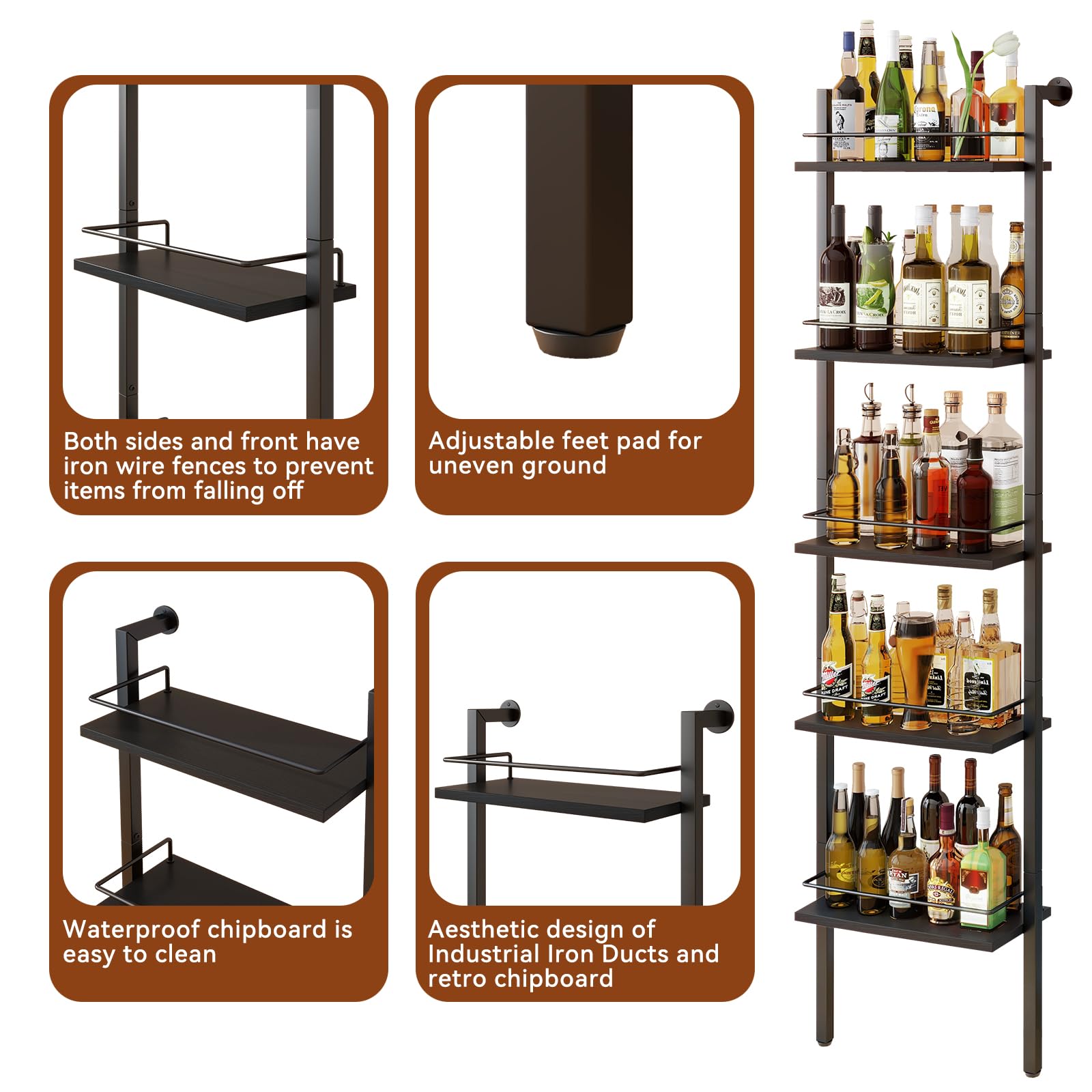 YMYNY 5-Tier Freestanding Wine Racks，Liquor Bottle Display Shelf with Fences, Wall Mounted Floating Shelf Storage Stand for Kitchen, Dining Room, 16.93" L x 7.87" W x 69.68" H Black UHWR001B