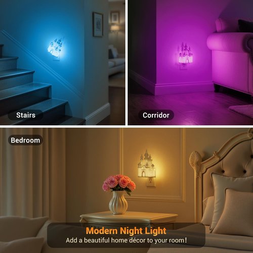 JandCase Night Lights Plug into Wall,3D Printed Castle RGB Night Light,10-Color Change Night Light,Dimmable Nightlights with Dusk to Dawn Sensor for Rooms Bathroom Hallway