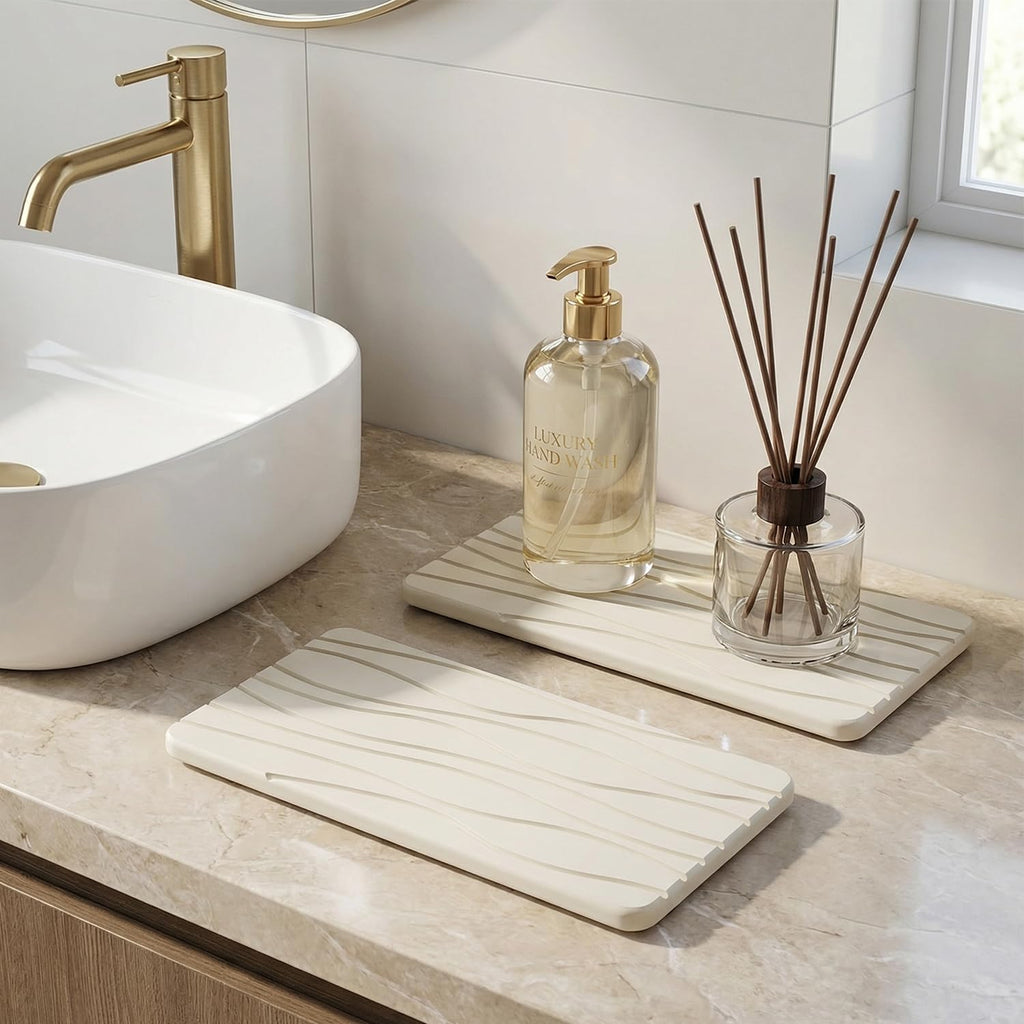 Water Absorbing Stone Tray for Bathroom Sink Stone Drying Mat for Kitchen Counter Diatomite Sink Soap Dispenser Trays Quick Dry Mat Kitchen Decor Diatomaceous Earth Vanity Tray Bathroom Accessories