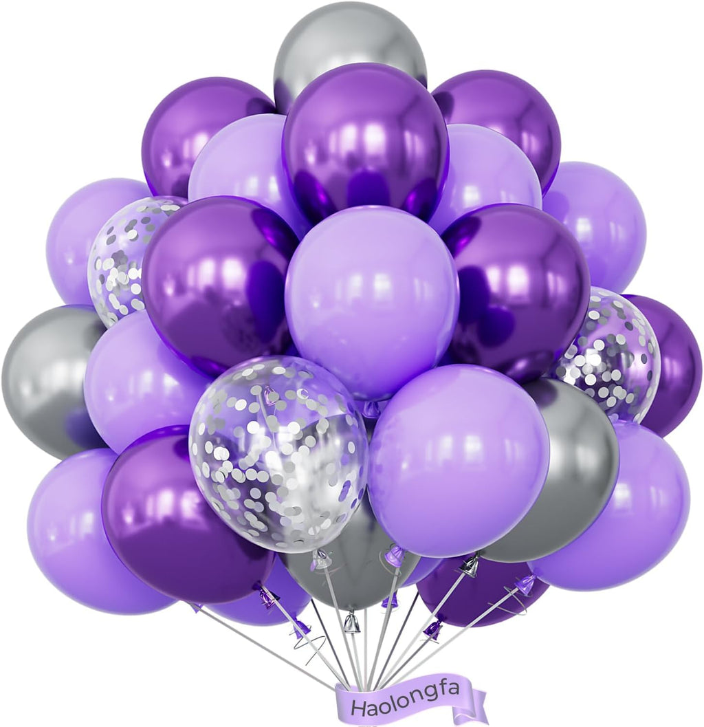 Skiennix 12-Inch Purple & Silver Balloons - 60pcs Pastel Lavender Confetti for Parties & Celebrations