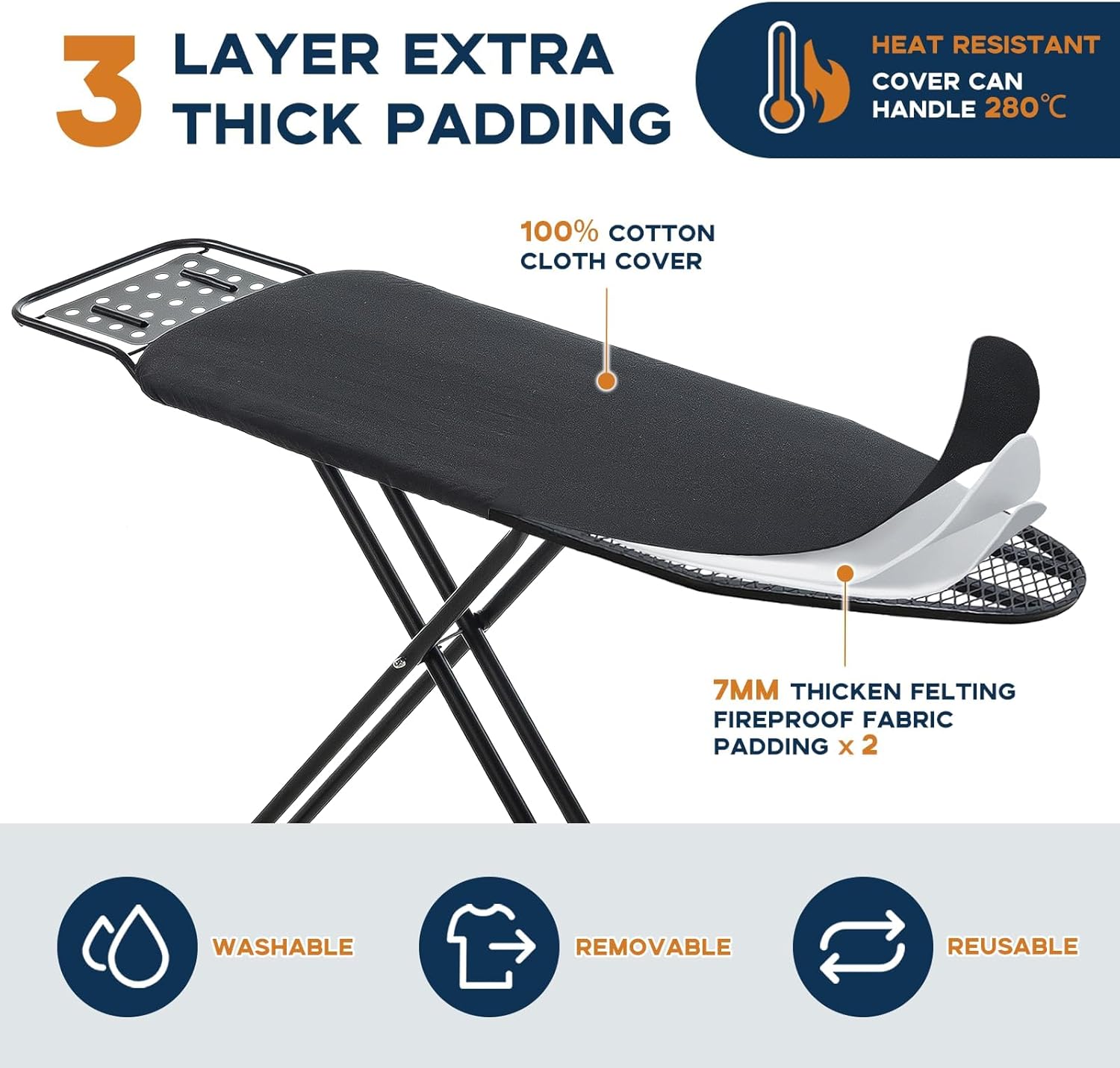 RAINHOL Full Size Ironing Board - Heavy Duty 54"x13" with Heat Resistant Cover & Adjustable Height | Black