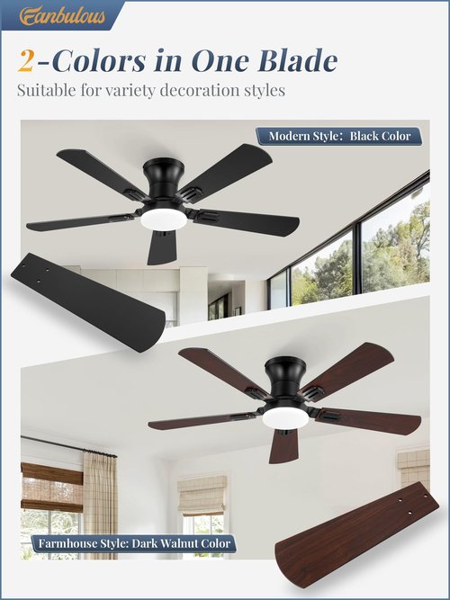 Fanbulous 2 Pack 42 Inch Ceiling Fans with Lights and Remote, Low Profile Indoor Black Ceiling Fan with 6 Speeds & 3CCT, Flush Mount, Dual-Finish 5 Blades,Quiet DC Motor for Living Room Bedroom