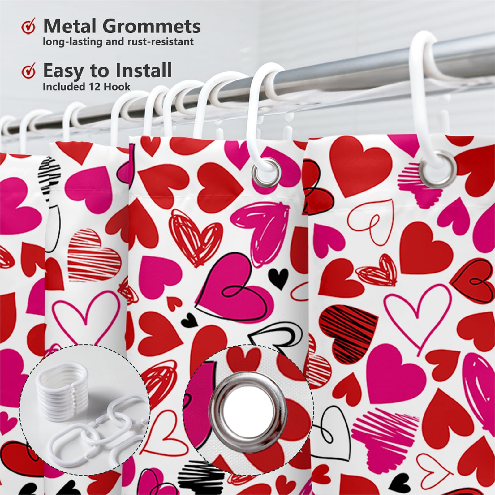 MEHOFOND Valentines Day Shower Curtain Doodle Style Hearts Valentine's Day Shower Curtain for Bathroom Romantic Red Pink Black Love Bathtub Decor Fabric Waterproof Washable Bath Curtain 72x72 Inch