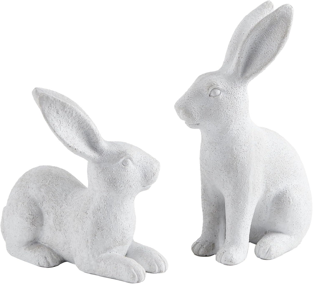 Skiennix White Frosted Resin Bunny Figurines - Set of 2 Decorative Rabbit Statues for Easter Home Decor