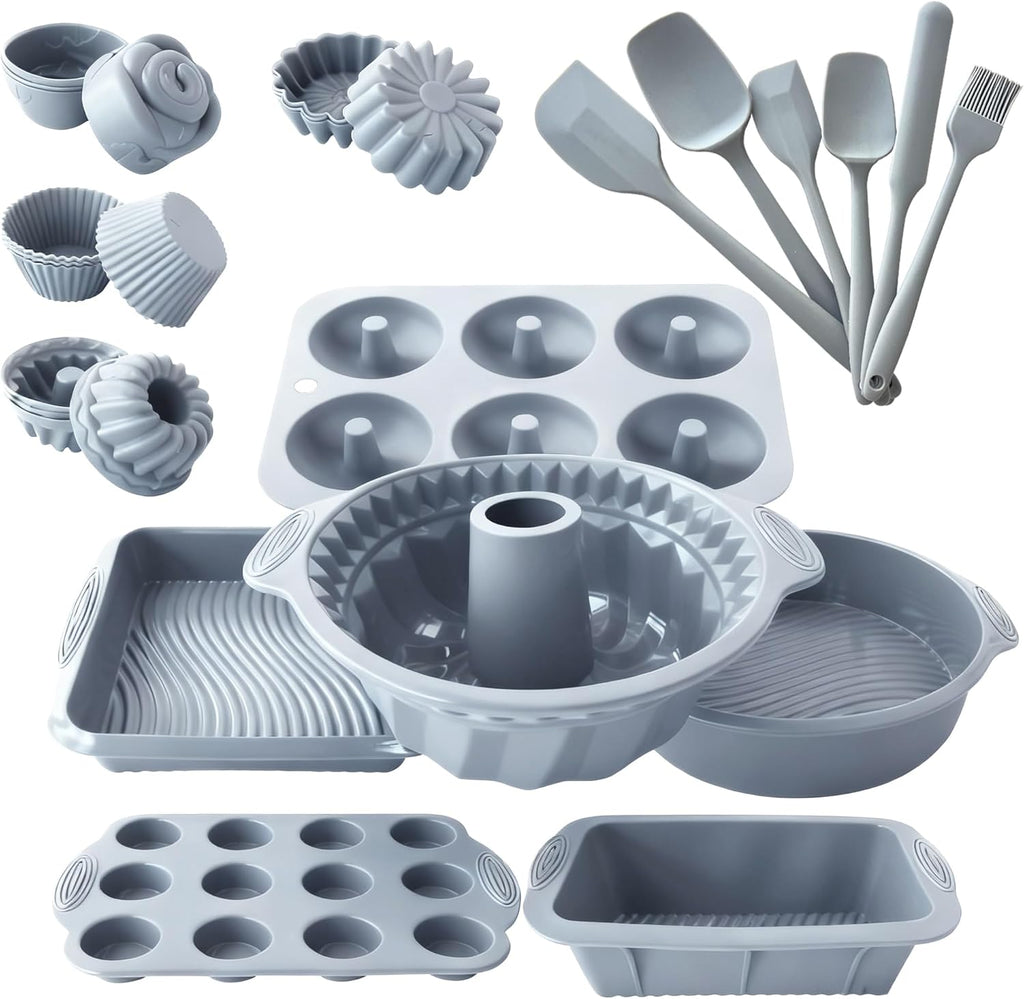 Skiennix 28 PCS Nonstick Silicone Baking Pans Set - Versatile Molds for Cakes, Muffins & Donuts | Light Grey