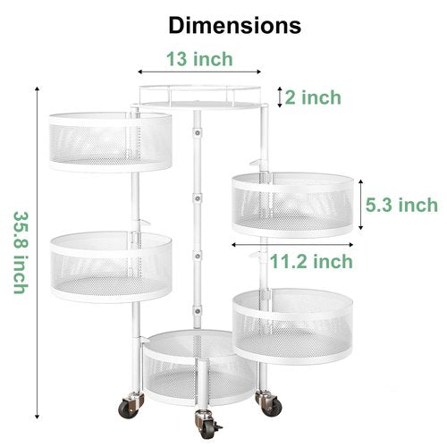 SAYZH Fruit Vegetable Basket for Kitchen, Rotating Storage Rack, 5 Tier Rolling Cart with top lid, Large Metal Wire Wheels (White)