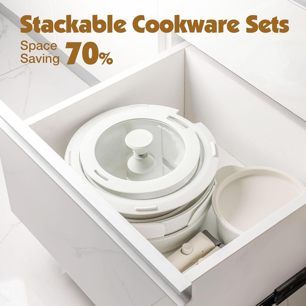 SENSARTE 13-Piece Nonstick Cookware Set - Detachable Handle, Induction Compatible, Dishwasher & Oven Safe (White)