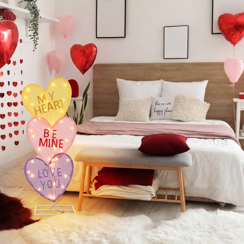 VIHOSE Valentine's Day Heart Lights 41 Inch H Pre-lit Lighted Heart Decor with 50 Warm White Lights Valentine's Day Conversation Candy Hearts Decoration for Indoor Outdoor Porch Garden Lawn (Vivid)