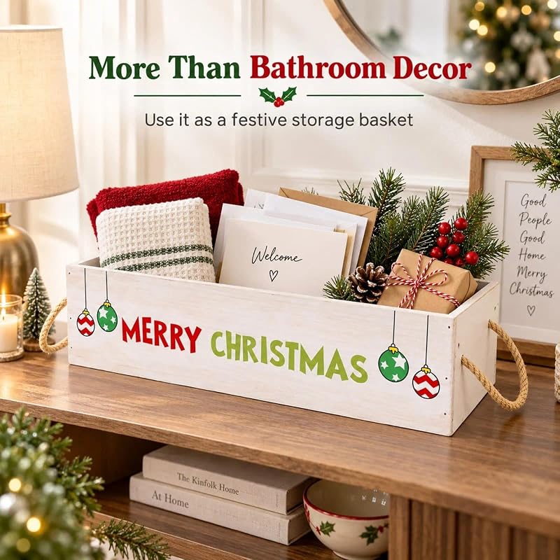 Christmas Wooden Toilet Paper Storage Basket with Rope Handles