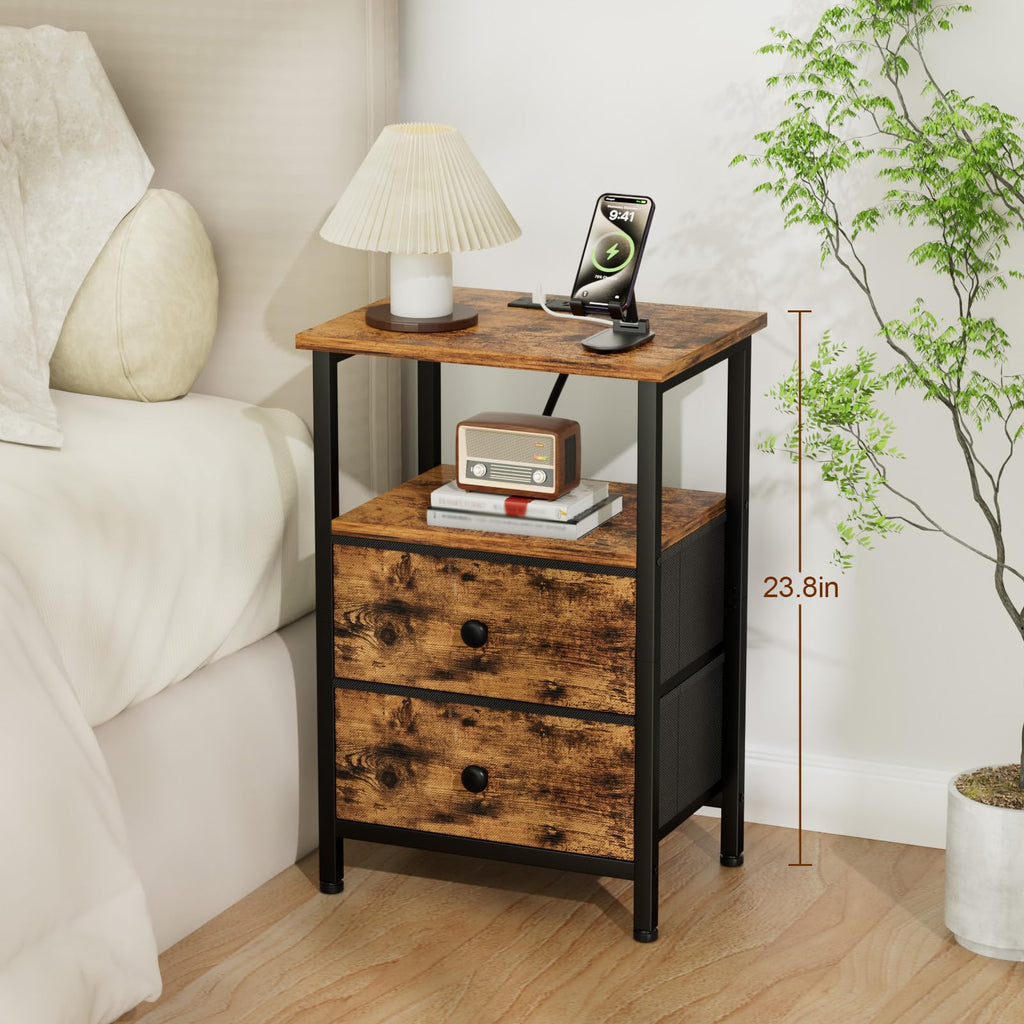 LOAKEKEL Night Stand with Charging Station, Small Bedside Table with 2 Fabric Drawers, Nightstand with USB Ports & Outlets for Bedroom, Brown, HETS020BR-1