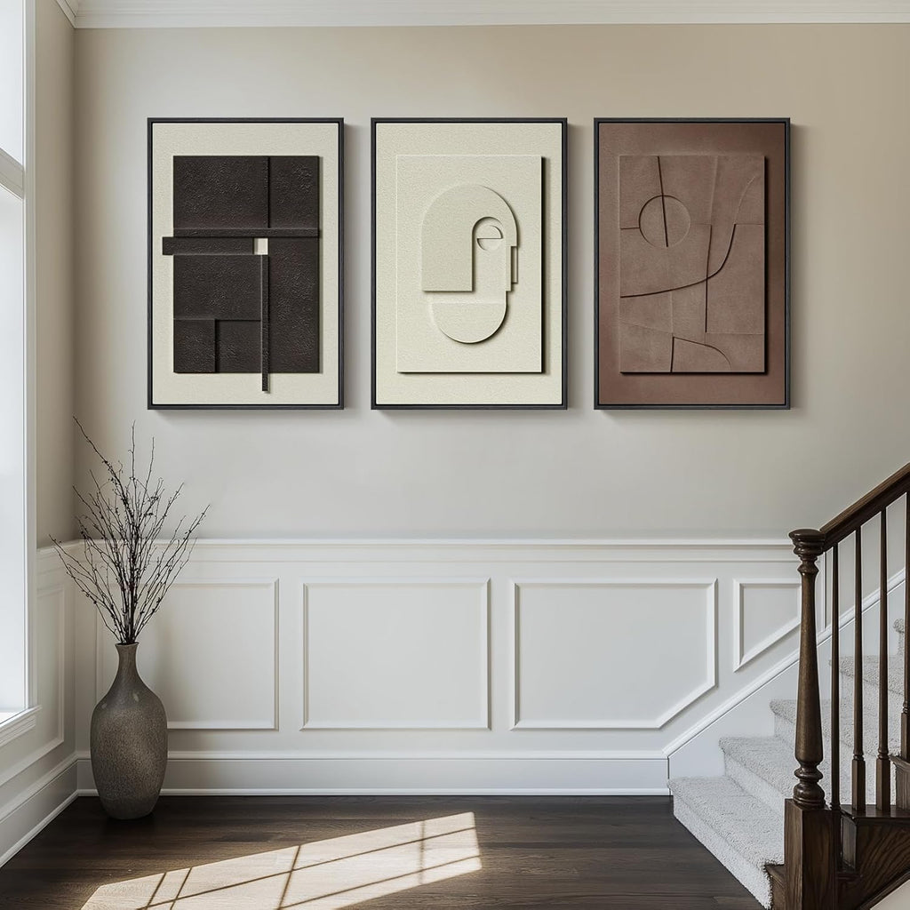 Skiennix 3D Textured Framed Abstract Wall Art - Modern 3-Piece Paintings for Living Room | Black, White, Brown, 24x36 In