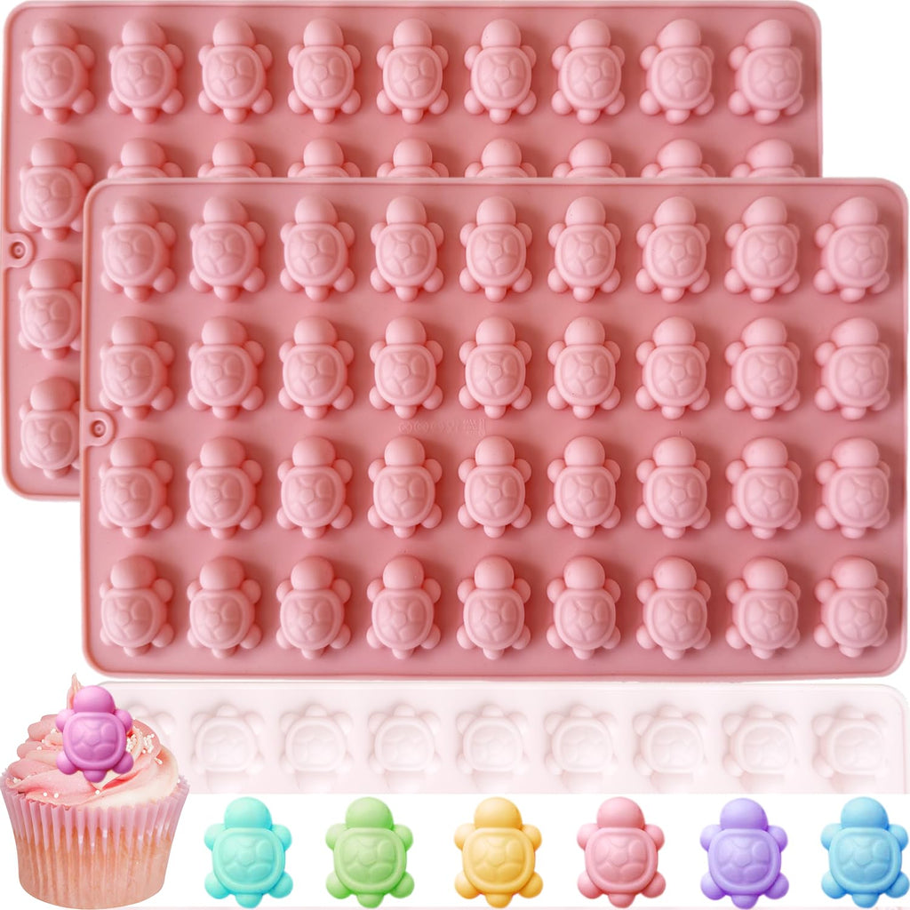 2 Pack Mini Turtle Silicone Mold for Chocolate, 72-Cavity Sea Turtle Chocolate Candy Molds Tortoise Ice Cube Sea Animal Gummy Jello Wax Resin Mold for DIY Baking Desserts Cake Decoration (Pink)
