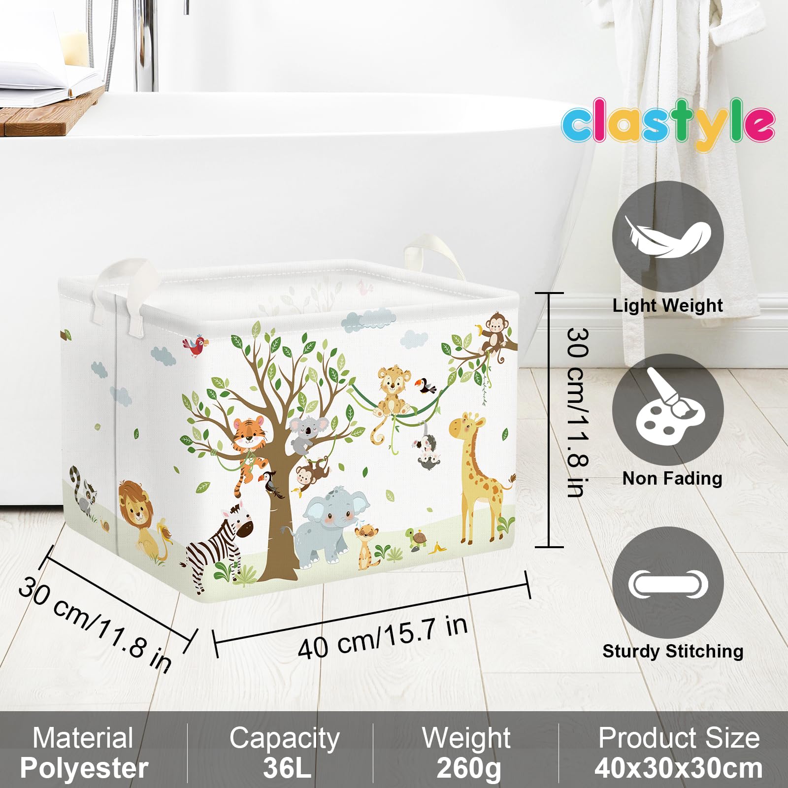 Clastyle 36L Woodland Vine Animal Tree Nursery Decor Baby Basket Collapsible Rectangle Giraffe Monkey Tiger Clothes Toy Book Shelf Basket