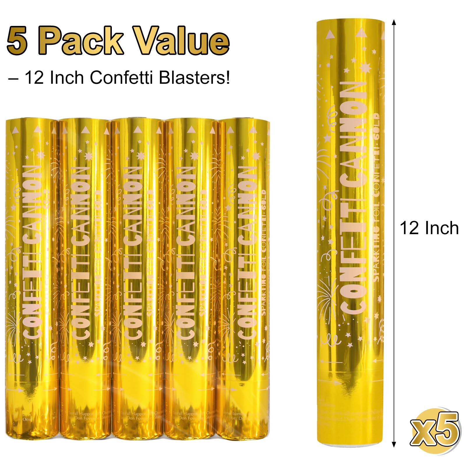 5 Pack Confetti Poppers gold– 12 Inch Confetti Blaster for Birthday, Graduation, and New Year’s Eve Celebrations – Best Party Poppers for Unforgettable Parties!