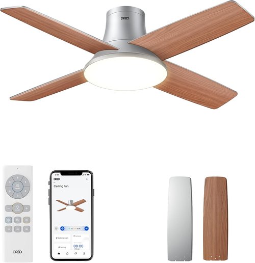 Dreo Ceiling Fan - Smart Flush Mount with Dimmable LED Lights & 12 Speeds | Quiet DC Motor, Remote Control, Silver, 44''