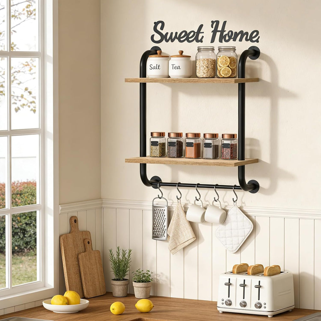 Tinpin Rustic Farmhouse Wall-Mounted Bathroom Shelves - 2-Tier Industrial Floating Shelf Decor | 17.3 Inch