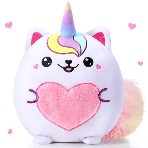 Leyndo Cute Caticorn Plush Pillow 14 Inch Unicorn Cat Stuffed Animal, Soft Pink Kawaii Plush Toy Gift for Girls Birthday Easter and Cat Lovers(Lovely)