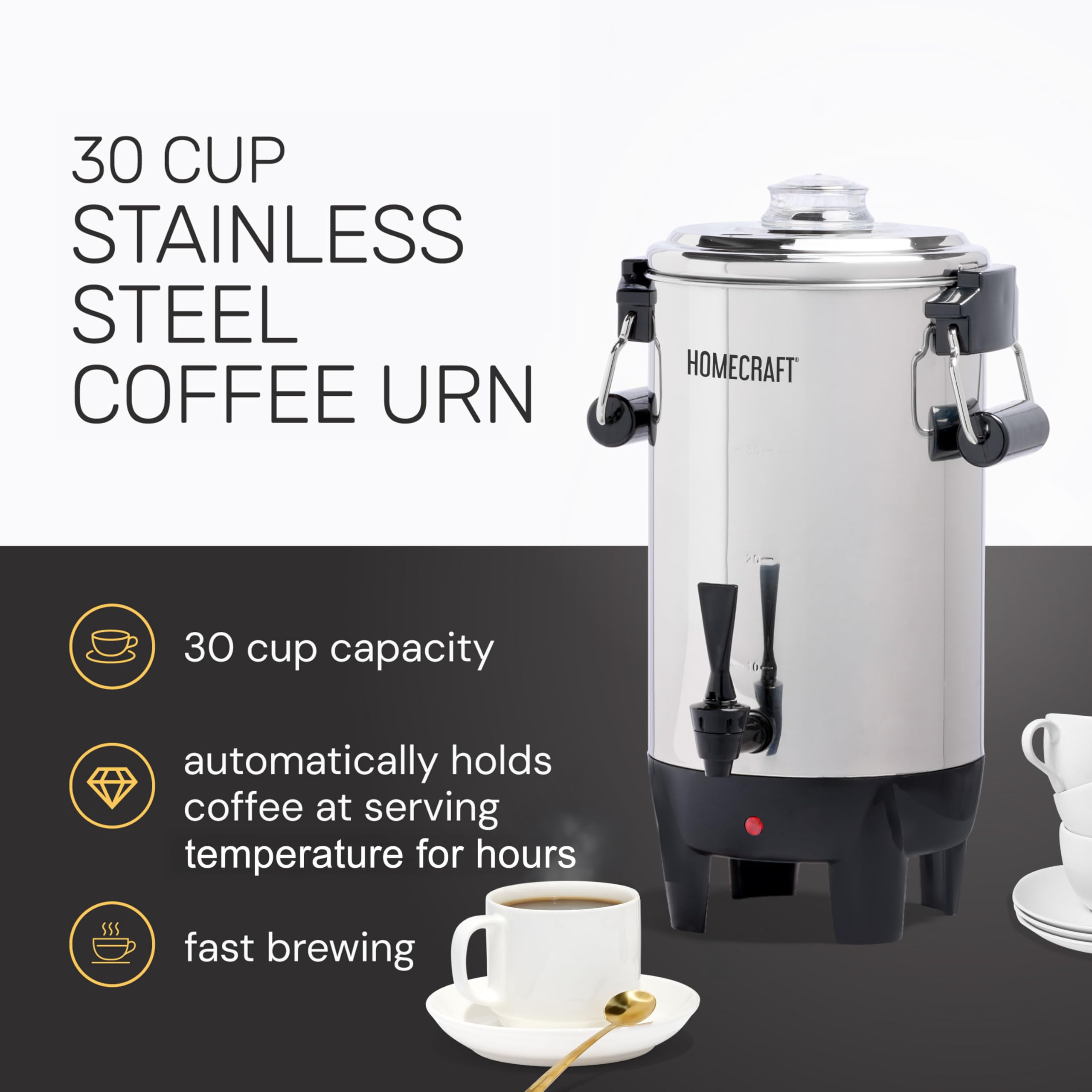 30 Cup Coffee Urn - Quick-Brewing Stainless Steel Double-Faucet - Perfect For Espresso, Hot Water, Tea, Hot Chocolate - Stainless Steel