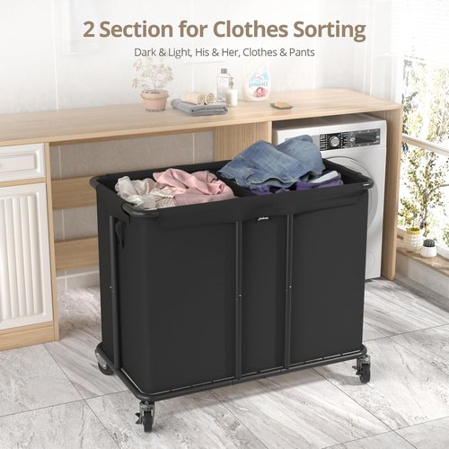 Hodonas Laundry Hamper - 2-Section 230L Rolling Clothes Basket with Silent Casters & Detachable Bags - Black