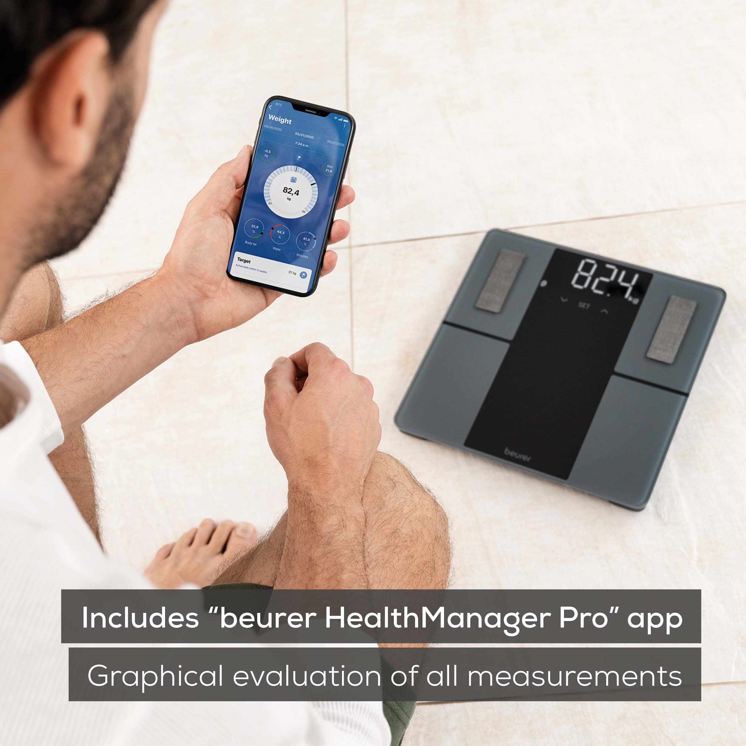 Beurer BF500 Smart Body Analysis Scale with Bluetooth & App, Accurate Digital Diagnostic Scale Measures Body Fat, Muscle Mass, Caloric Needs, 396 lbs, XL Display