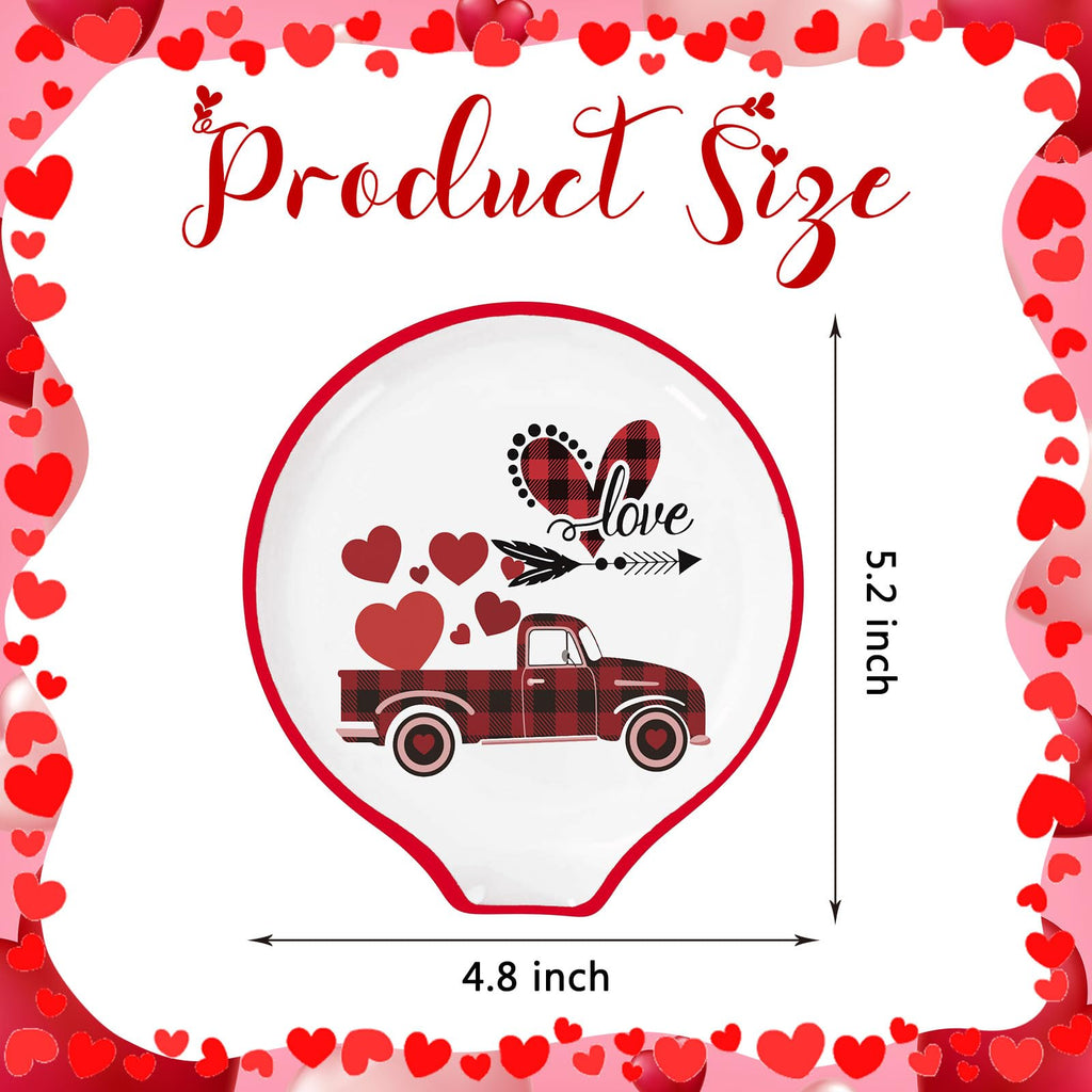 4.7inch Valentine Ceramic Spoon Rest Red Plaid Truck Heart Love Coffee Spoon Holder for Valentine's Day Coffee Stirrers Teaspoon Bar Coffee Station Accessories