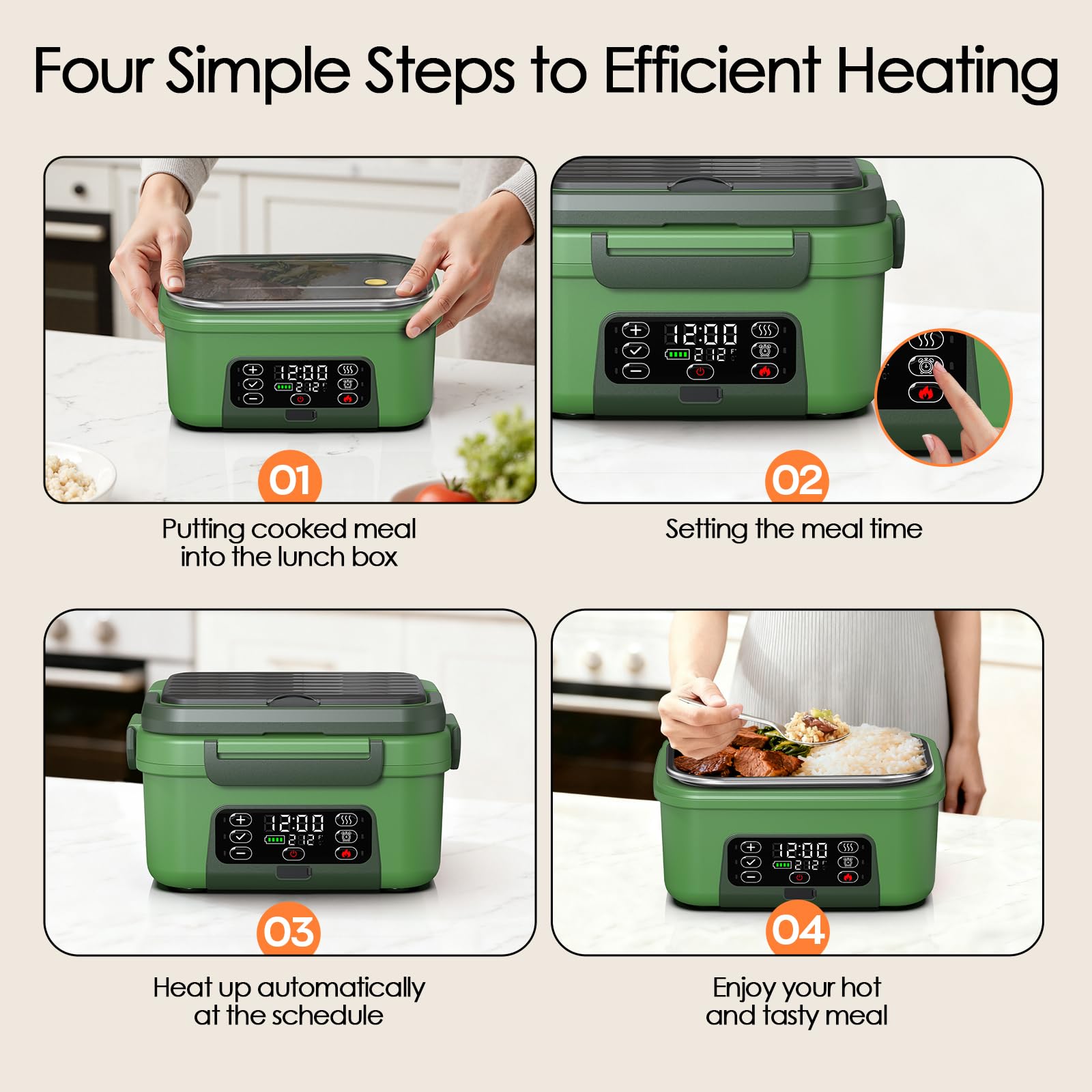 Odopok Cordless Electric Lunch Box, 6.3 Cup 100W Heated Lunch Box with 20000mAH Battery Powered for Self Heating, Including Fork Spoon and Insulated Bag for Men Women Adults, BPA Free(Dark Green)
