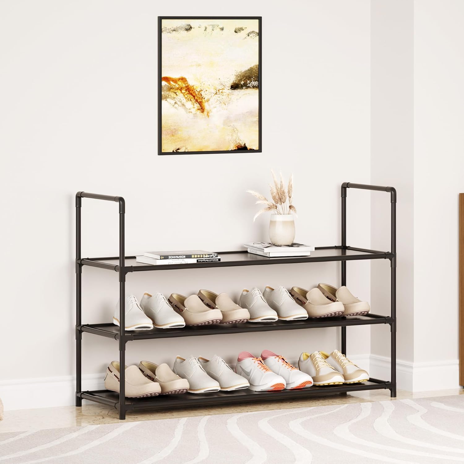 3-Tier Stackable Shoe Rack by [Brand Name] - Durable Storage Organizer for 10-12 Pairs of Shoes | Black