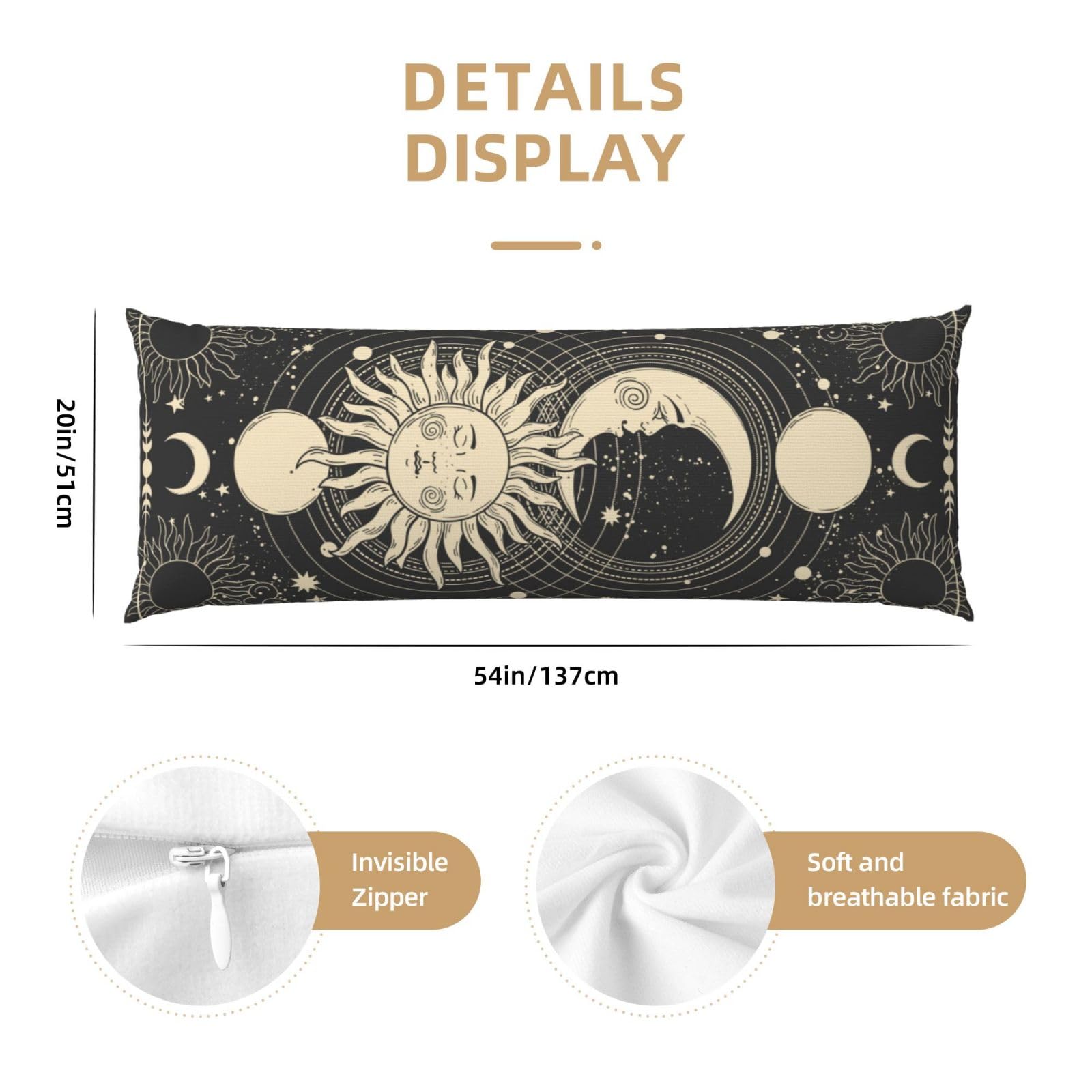 Vintage Sun Moon Stars Body Pillow Cover - Pillowcases 20"x54" with Hidden Zipper Closure Soft and Breathable