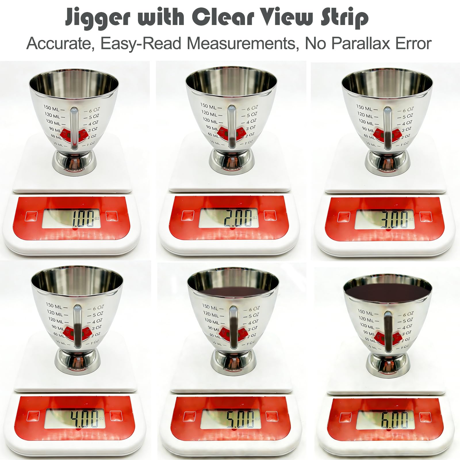 Cocktail Measuring Jigger for Bartending with Graduated Markings 1 oz to 6oz Heavy Duty 18/8 Multi-Unit Measure Stainless Steel Shot Measure Cup