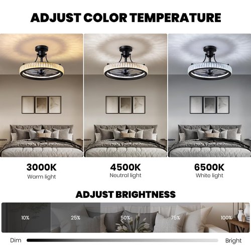CROSSIO 20" Crystal Chandelier Black Ceiling Fan with Light Fandelier Ceiling Fan with Light Modern Chandelier Fan 6 Wind Speeds LED Fandelier with APP&Remote Control for Bedroom Living Room Kitchen