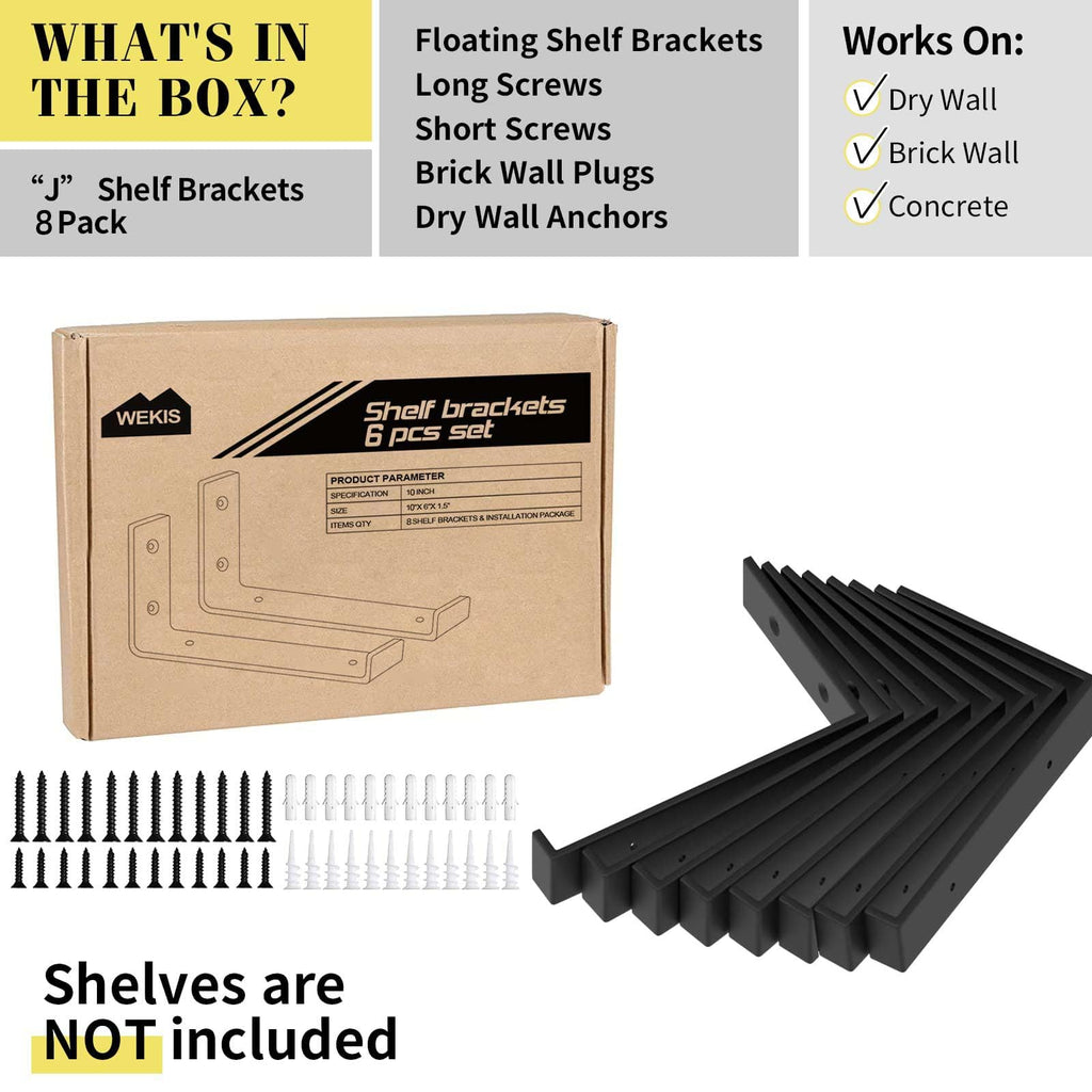 Shelf Bracket, Heavy Duty Floating Shelf Brackets 10-Inch Long, 8-Pack Brackets for Shelves, Black Coated J Shape Metal Wall Shelf Support Brackets with 1/5-Inch Thick and 160 lb. Load Capacity