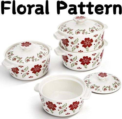 Coloch Mini Cocotte Set - 4 Pack 8 Oz Ceramic Ramekins with Lids | Oven Safe Red Casserole Dishes