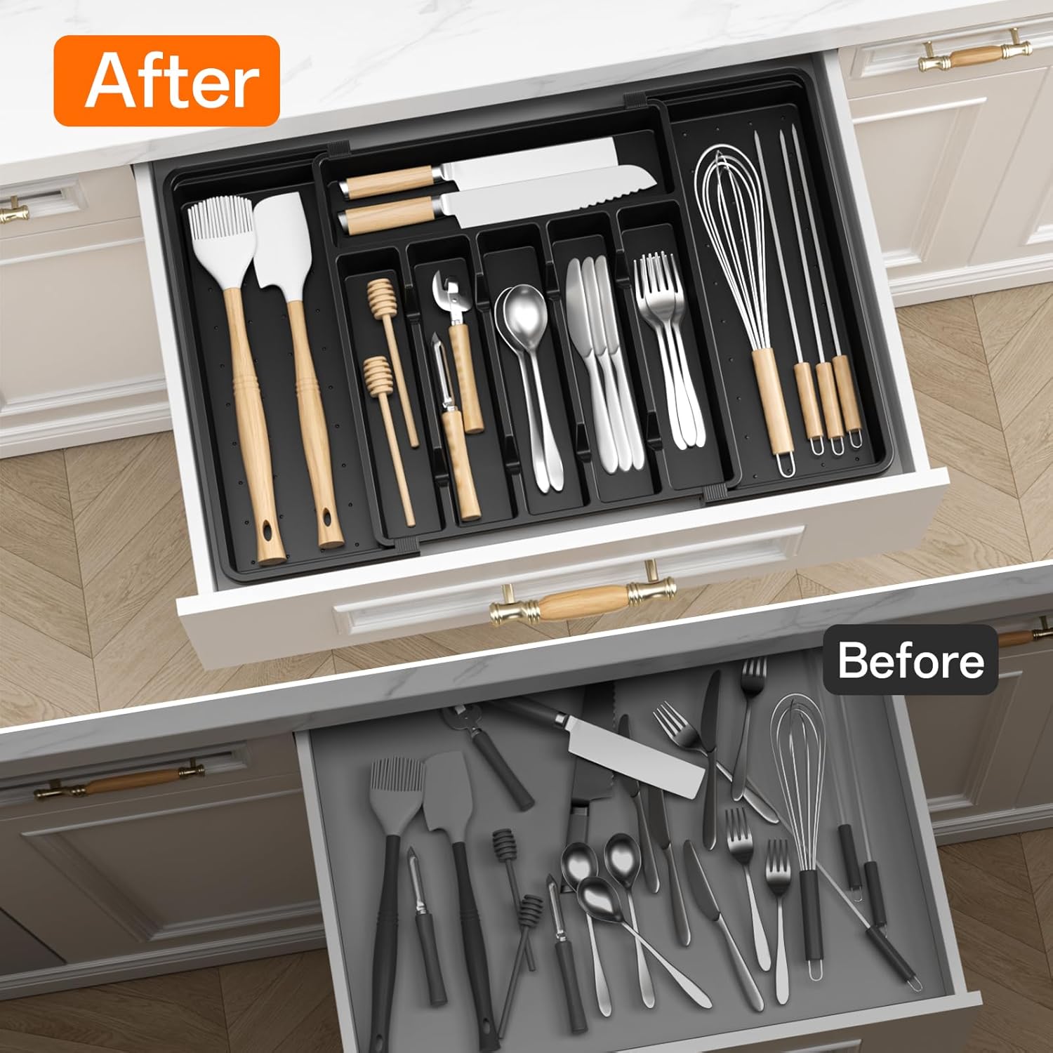 RoomHacks Large Silverware Organizer - Expandable Utensil Drawer Holder | BPA-Free, Adjustable, Black (6-8 Slots)