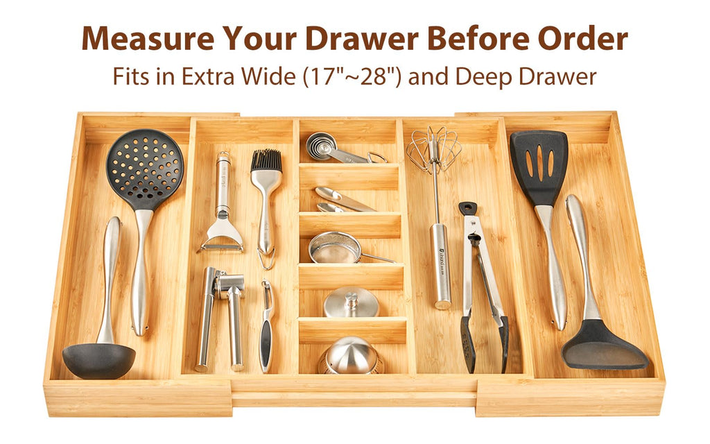 Umilife Extra Large Expandable Kitchen Drawer Organizer for Utensil and Junk, 19" Deep for Big Drawer, 17" to 28" Adjustable Bamboo Wood Drawer Divider, Cutlery Tray, Flatware Holder
